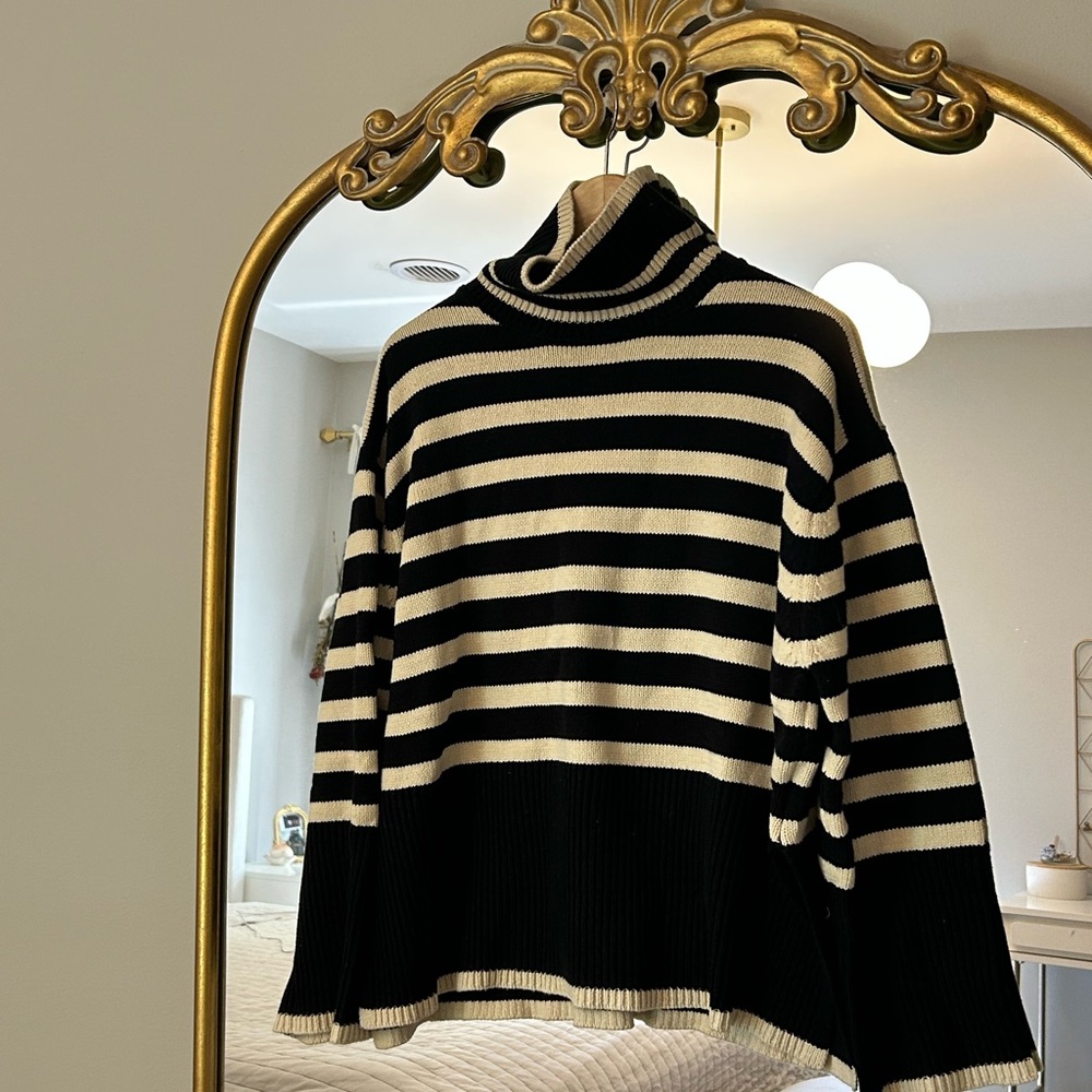 Black and White Striped Turtleneck Sweater